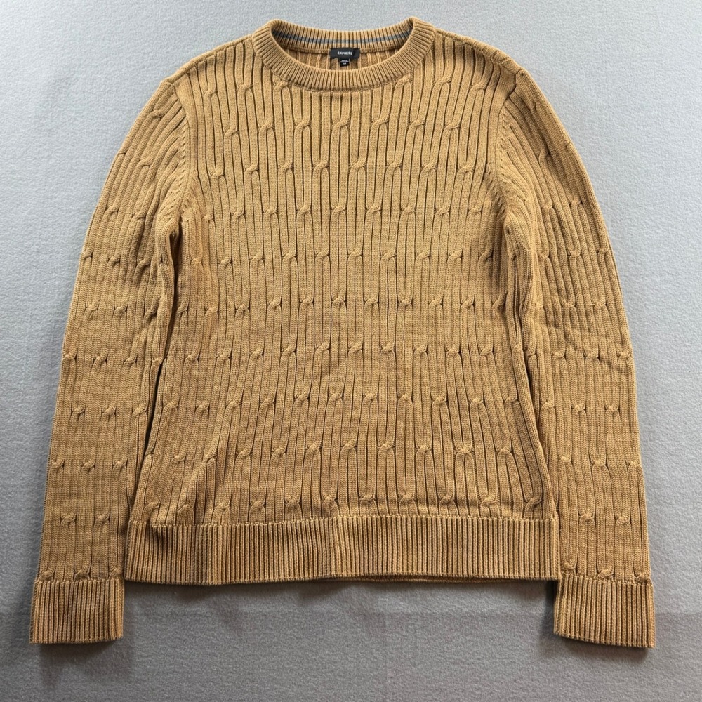 Express Sweater Womens Medium Tan Cable Knit Long Sleeve Crew Neck Cotton